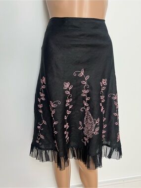 Anne Carson Black A-Line Skirt with Pink Embroidery